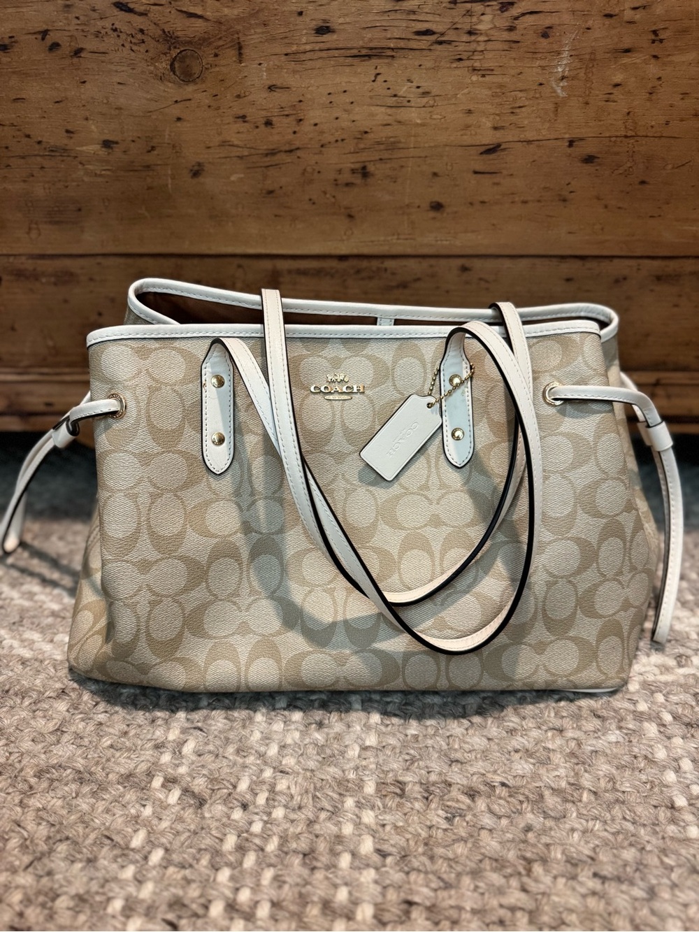 Coach Beige and White Signature Tote